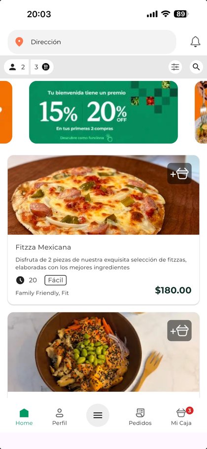 Pantalla de la App de Hello Dish mostrando el menú semanal y la promoción de bienvenida