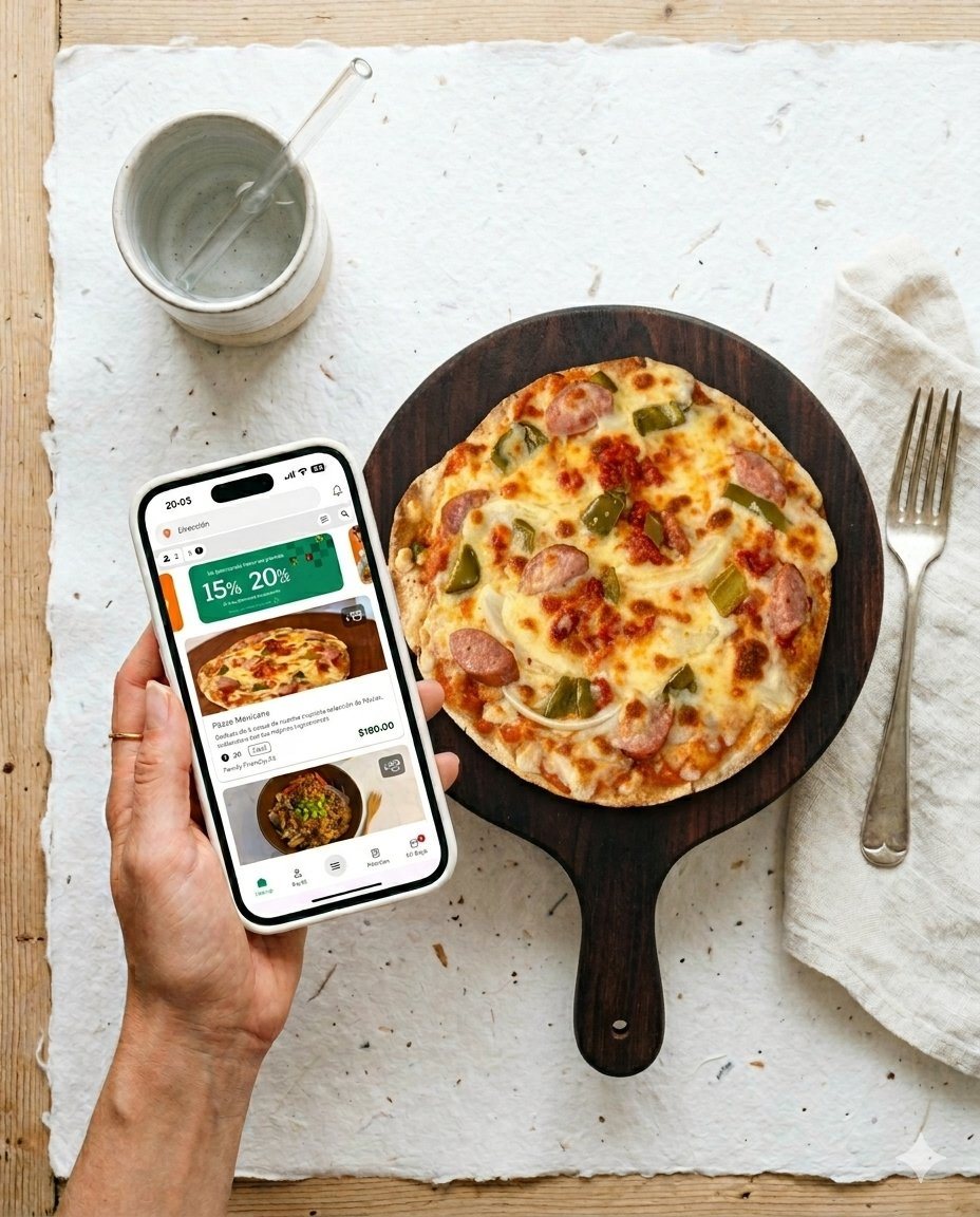 Mano sosteniendo la App de Hello Dish junto a una pizza recién preparada